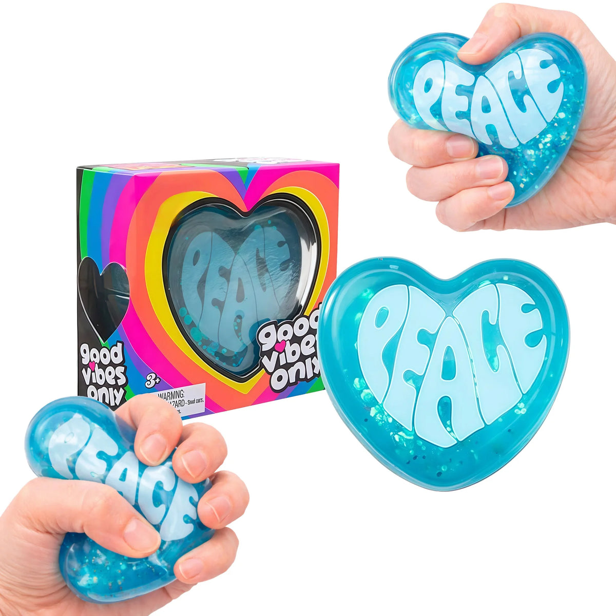 NeeDoh srce – plavo Peace srce u ruci uz kutiju